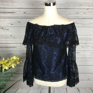 NWOT WHBM Blue Black Lace Off The Shoulder Top